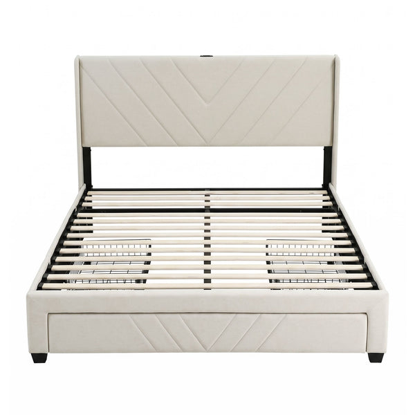 Artiss Queen Bed Frame with Charging Station and Storage Drawers Beige 300KG Noise Free Awezingly