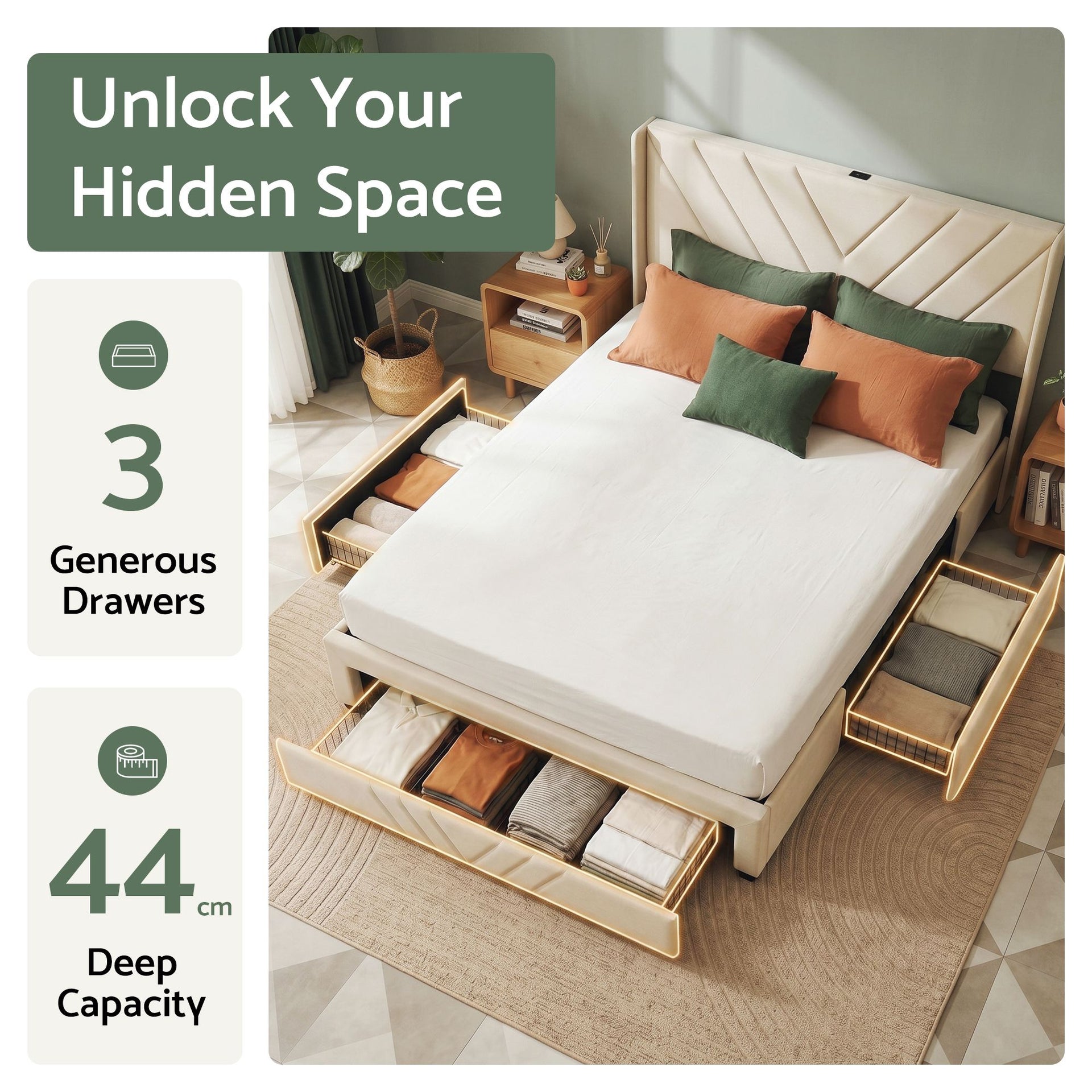 Artiss Queen Bed Frame with Charging Station and Storage Drawers Beige 300KG Noise Free Awezingly