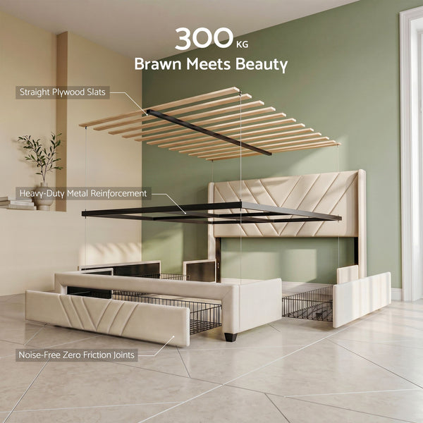 Artiss Queen Bed Frame with Charging Station and Storage Drawers Beige 300KG Noise Free Awezingly