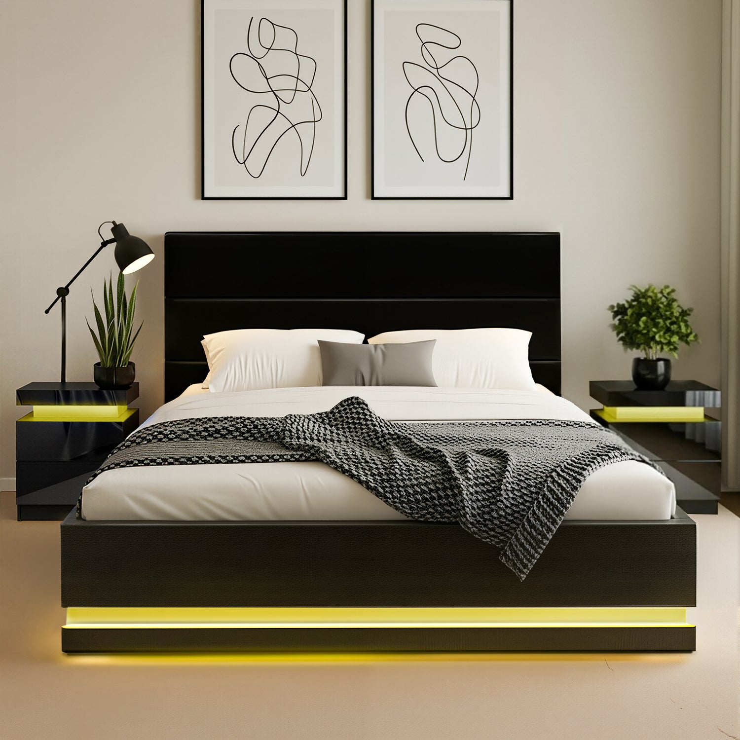 Artiss RGB LED Queen Bed Frame with 2 Beside Tables Set 16 Colour Mood Lighting Awezingly