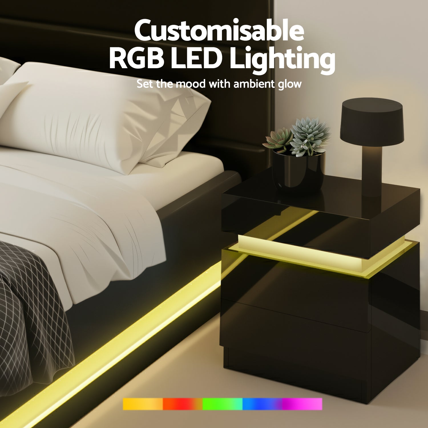 Artiss RGB LED Queen Bed Frame with 2 Beside Tables Set 16 Colour Mood Lighting Awezingly