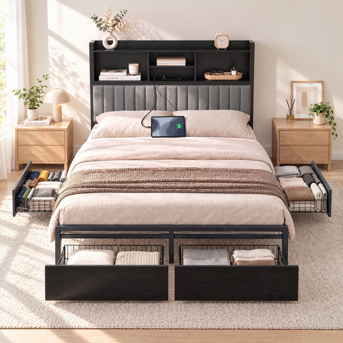 Artiss Queen Bed Frame with Storage, 4 Drawers and Charging Station Awezingly