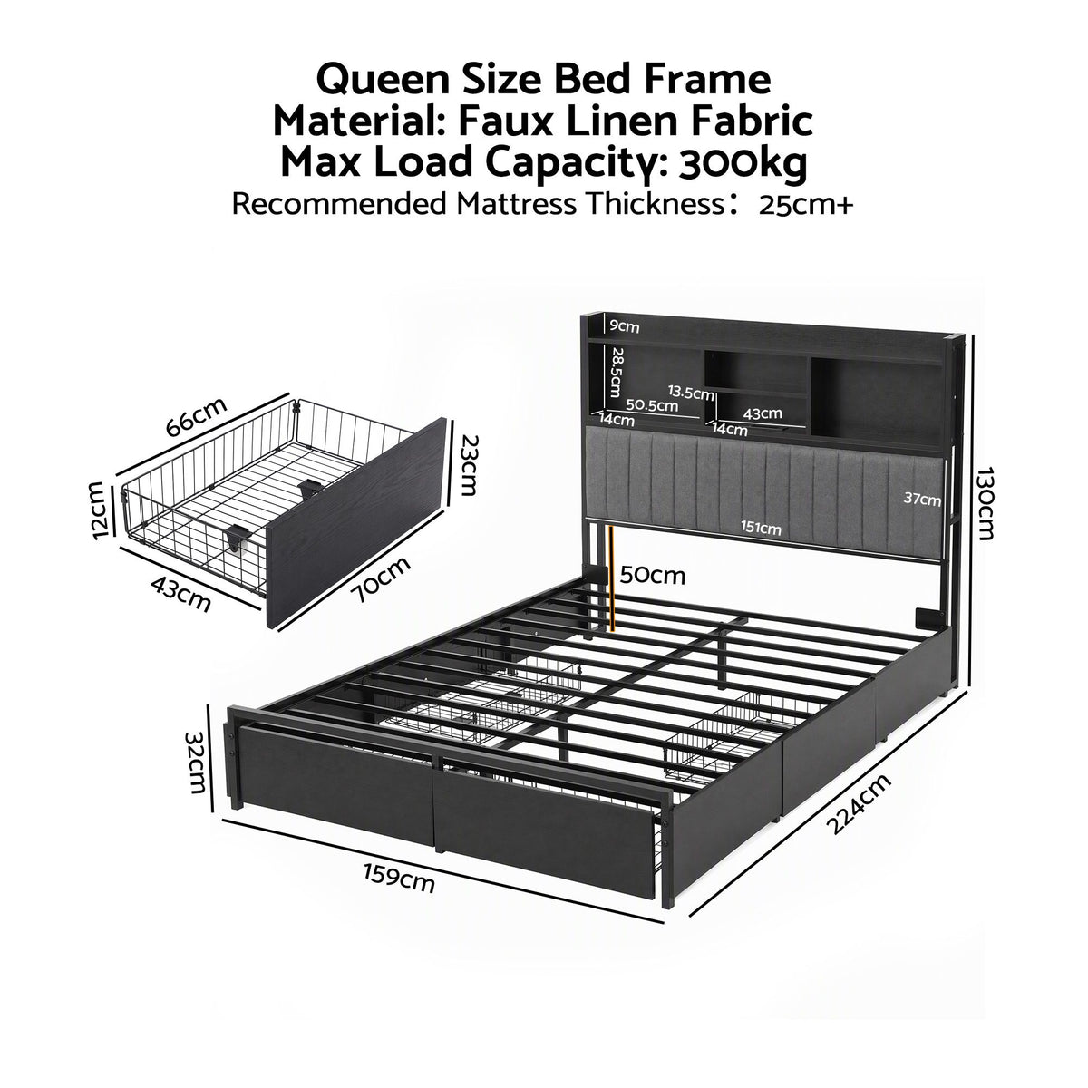Artiss Queen Bed Frame with Storage, 4 Drawers and Charging Station Awezingly