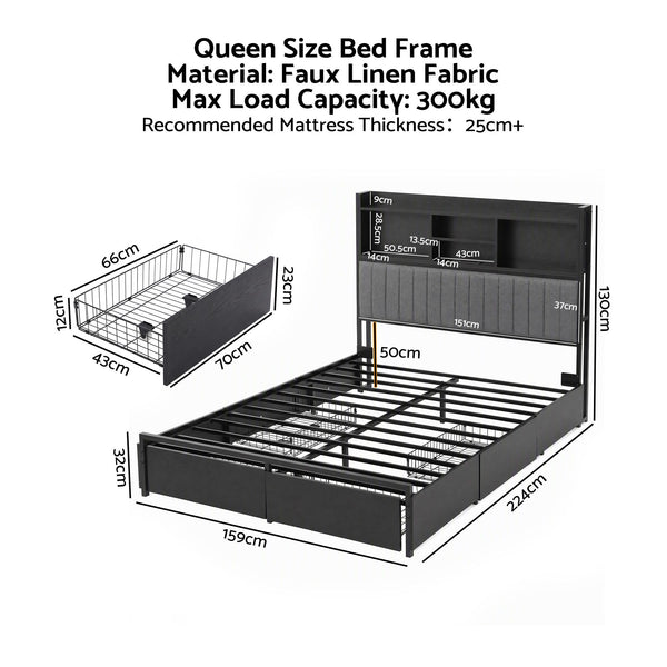 Artiss Queen Bed Frame with Storage, 4 Drawers and Charging Station Awezingly