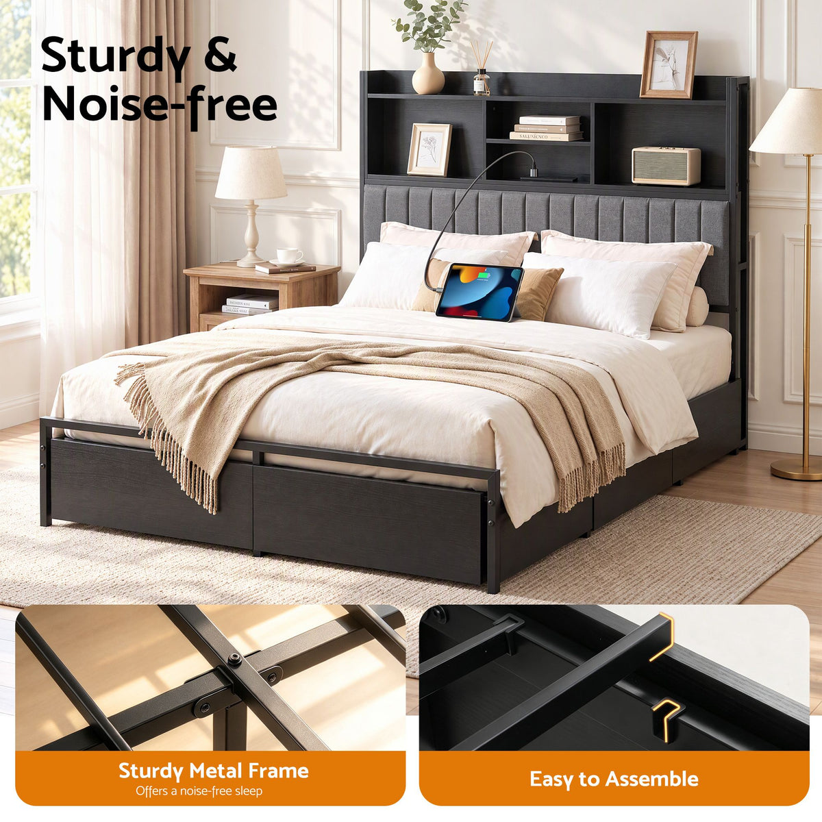 Artiss Queen Bed Frame with Storage, 4 Drawers and Charging Station Awezingly