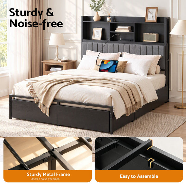 Artiss Queen Bed Frame with Storage, 4 Drawers and Charging Station Awezingly