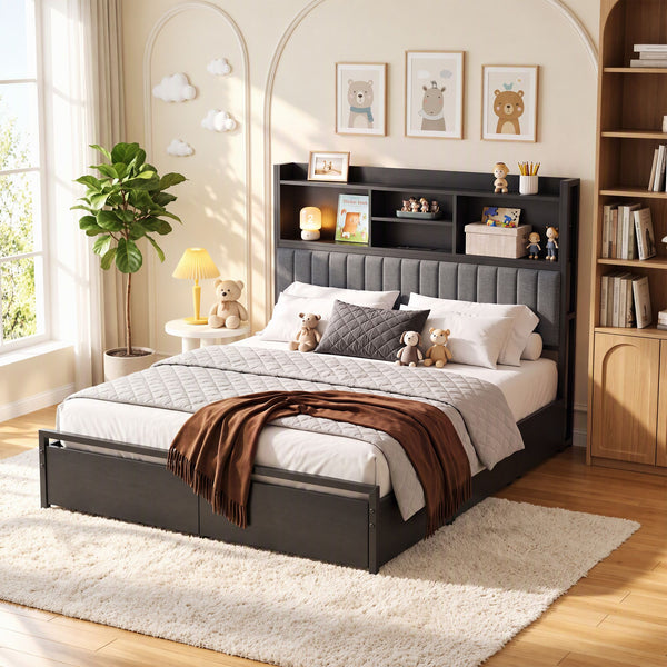 Artiss Queen Bed Frame with Storage, 4 Drawers and Charging Station Awezingly