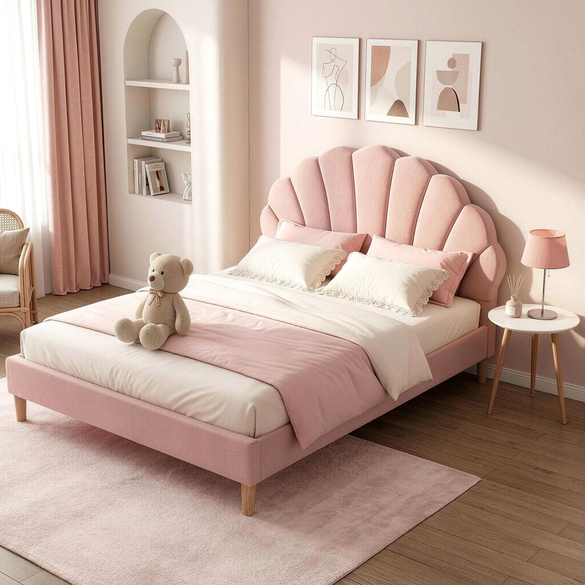 Artiss Double Bed Frame and Round Coffee Table Set Pink Velvet Bedhead with Wooden Side Table Awezingly