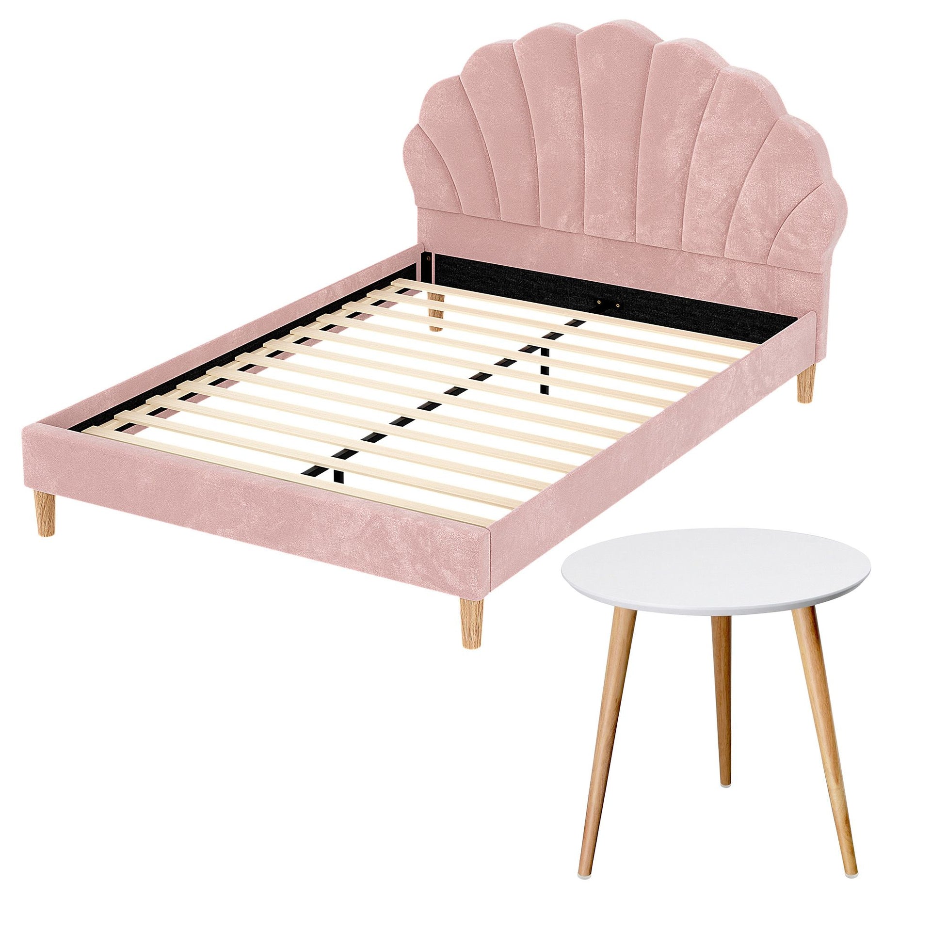 Artiss Double Bed Frame and Round Coffee Table Set Pink Velvet Bedhead with Wooden Side Table Awezingly