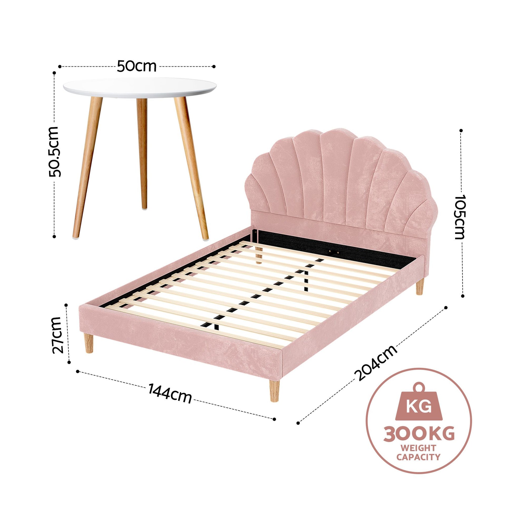 Artiss Double Bed Frame and Round Coffee Table Set Pink Velvet Bedhead with Wooden Side Table Awezingly