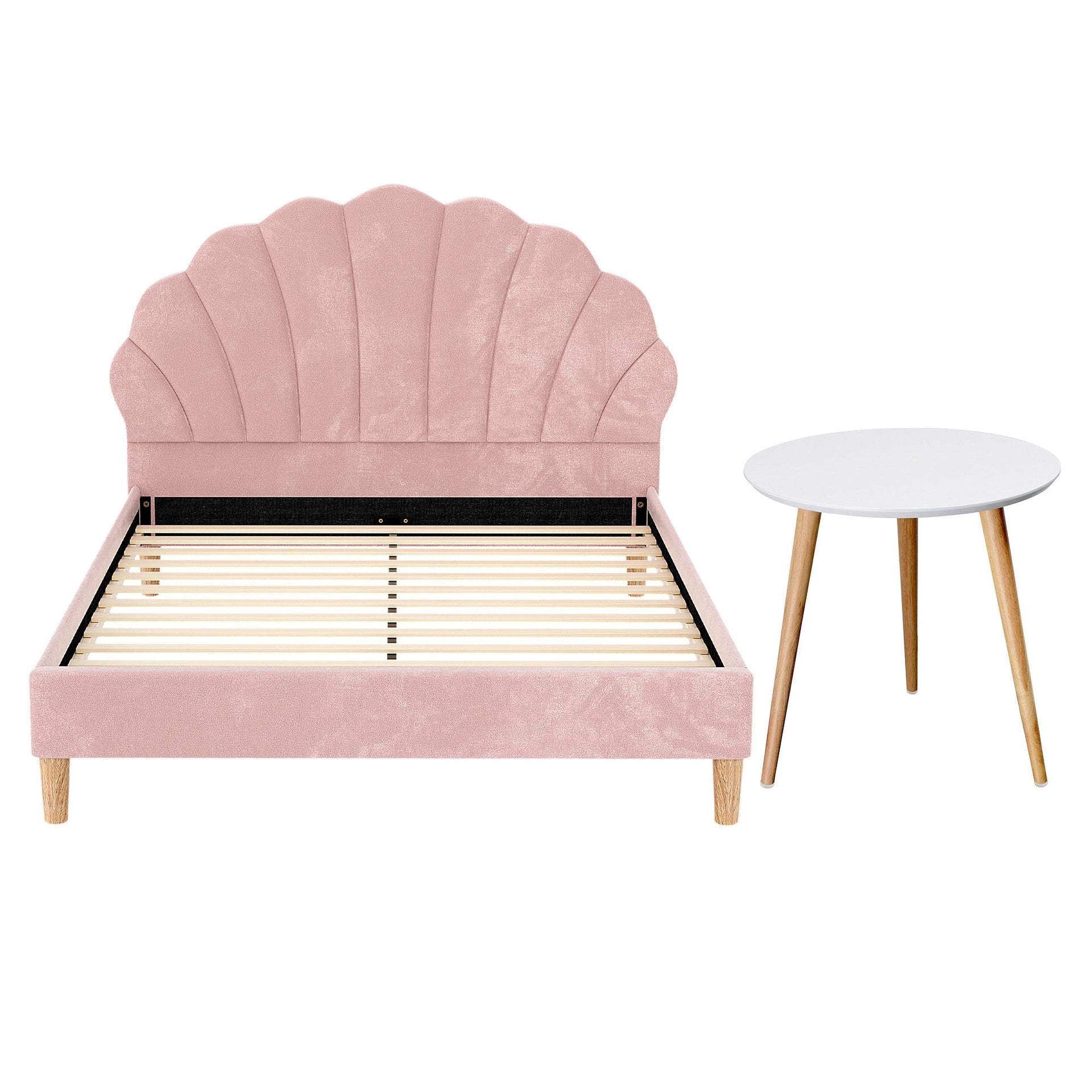 Artiss Double Bed Frame and Round Coffee Table Set Pink Velvet Bedhead with Wooden Side Table Awezingly