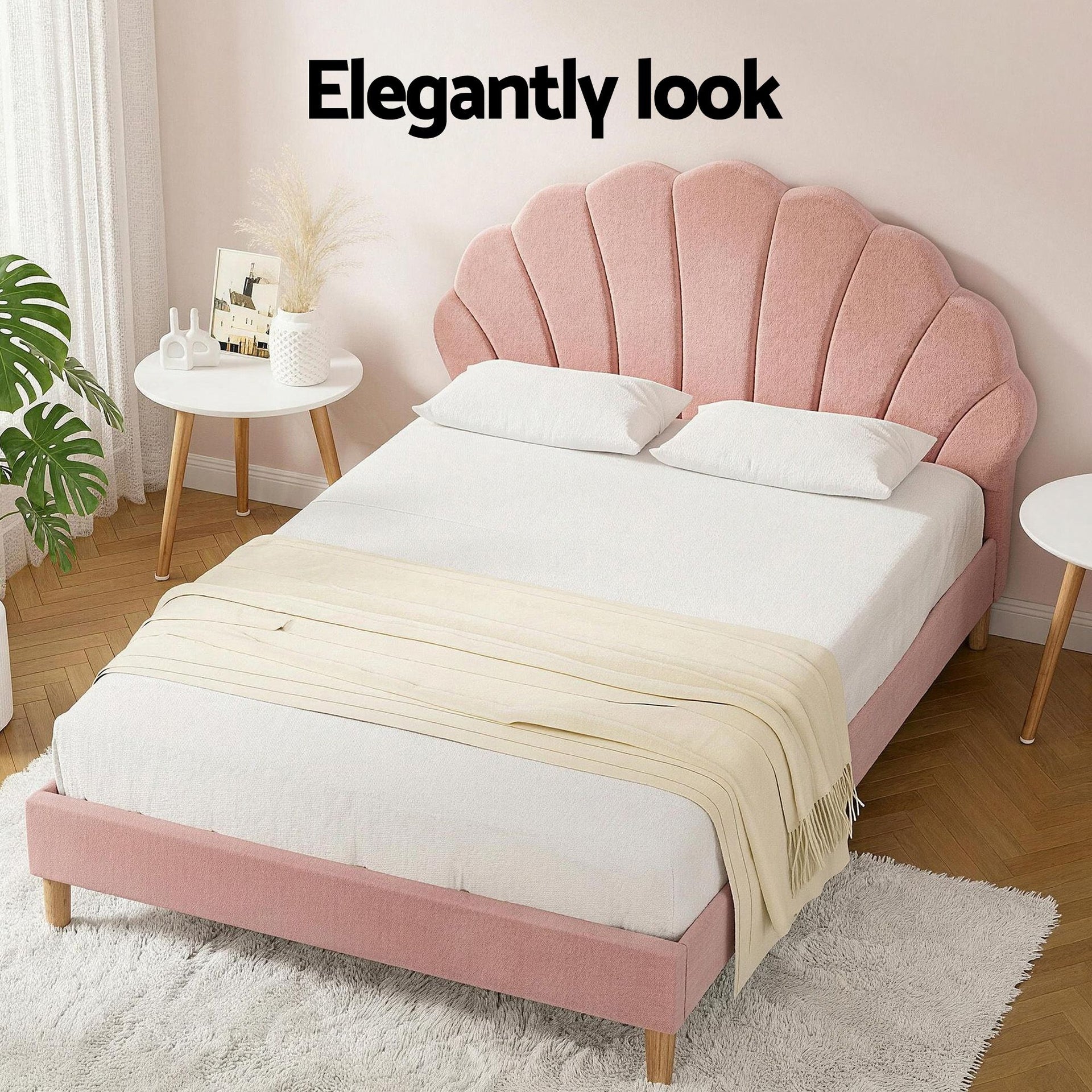 Artiss Double Bed Frame and Round Coffee Table Set Pink Velvet Bedhead with Wooden Side Table Awezingly