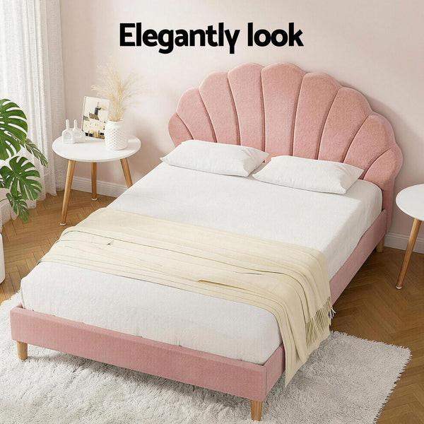 Artiss Double Bed Frame and Round Coffee Table Set Pink Velvet Bedhead with Wooden Side Table Awezingly