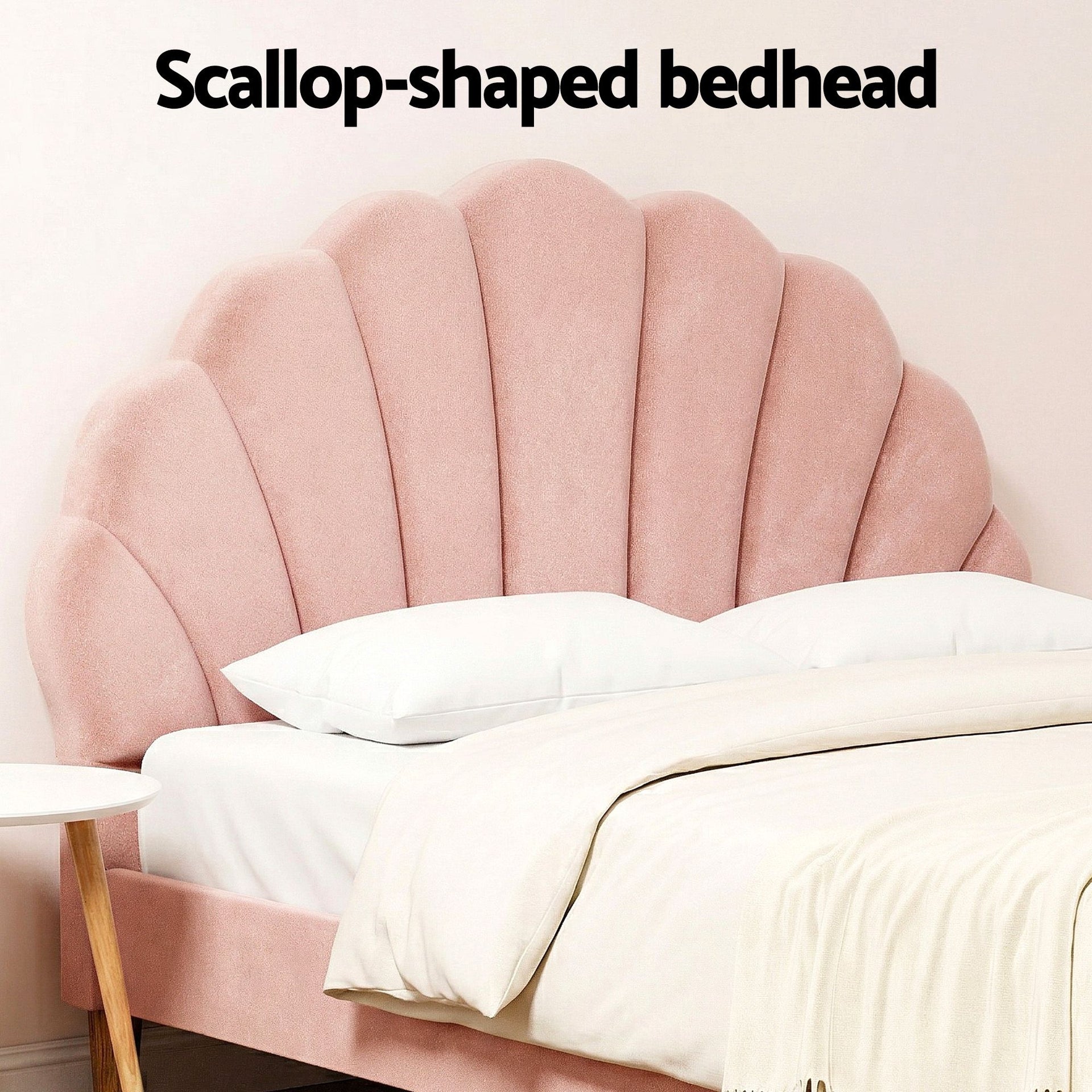 Artiss Double Bed Frame and Round Coffee Table Set Pink Velvet Bedhead with Wooden Side Table Awezingly