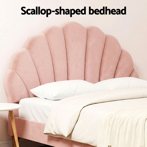 Artiss Double Bed Frame and Round Coffee Table Set Pink Velvet Bedhead with Wooden Side Table Awezingly