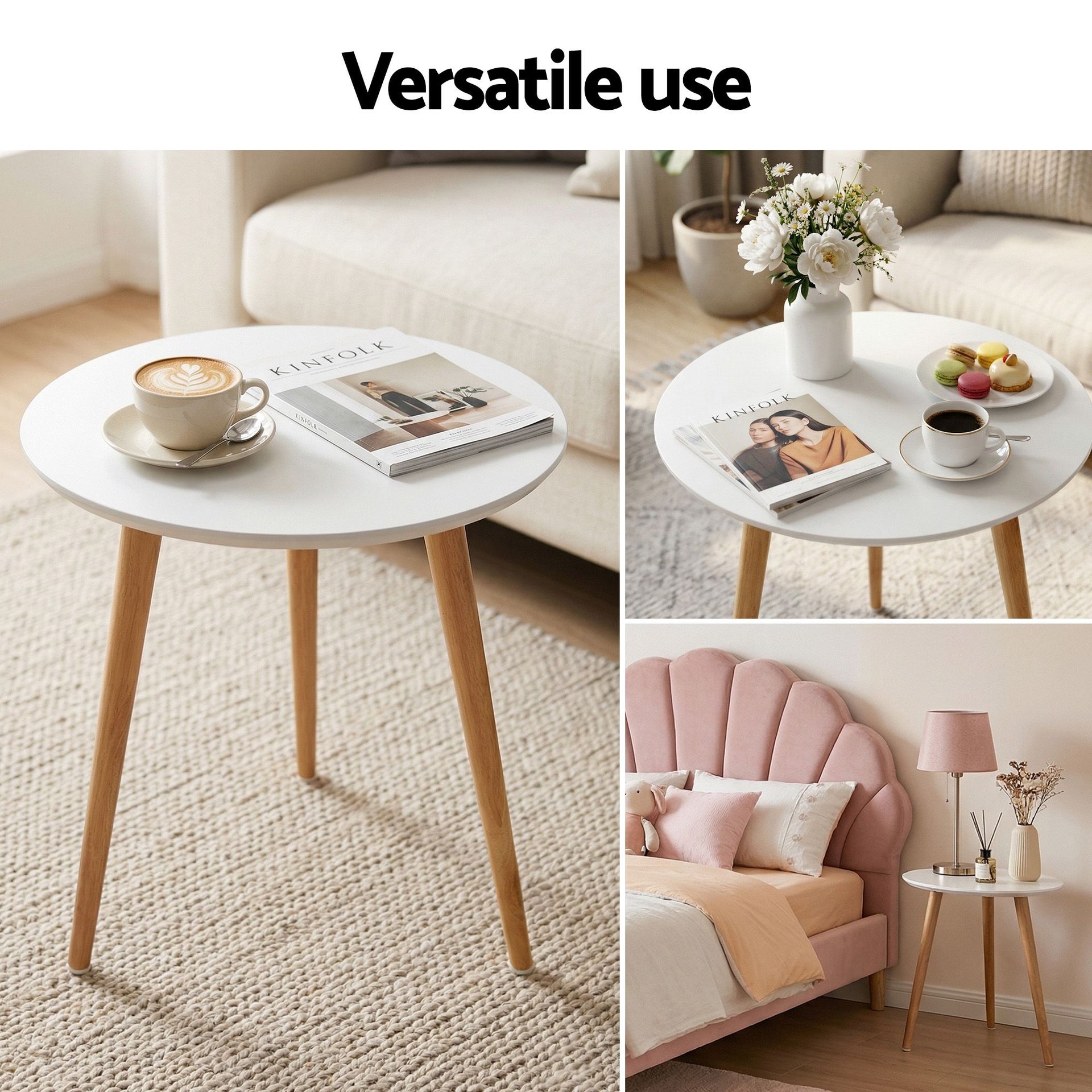 Artiss Double Bed Frame and Round Coffee Table Set Pink Velvet Bedhead with Wooden Side Table Awezingly