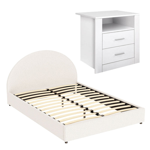 Artiss Queen Bed Frame with Storage and Bedside Table Set Boucle Fabric Gas Lift Bed Base 2-Drawer Nightstand Awezingly