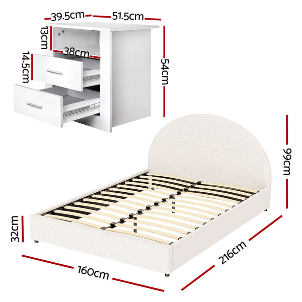 Artiss Queen Bed Frame with Storage and Bedside Table Set Boucle Fabric Gas Lift Bed Base 2-Drawer Nightstand Awezingly