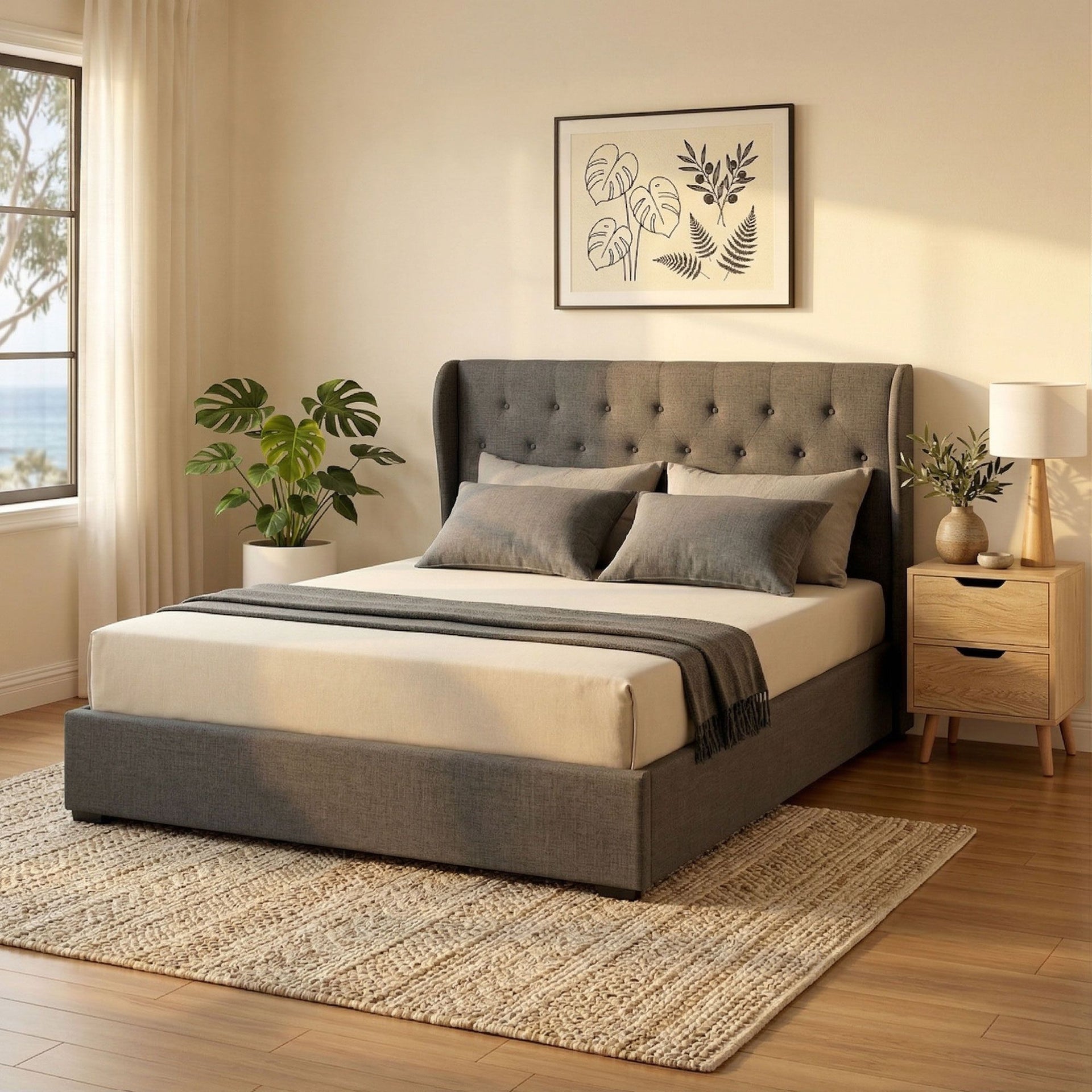 Artiss Gas Lift Queen Bed Frame and Bedside Table Set 2 Drawer Nightstand Bedroom Furniture Bundle Awezingly