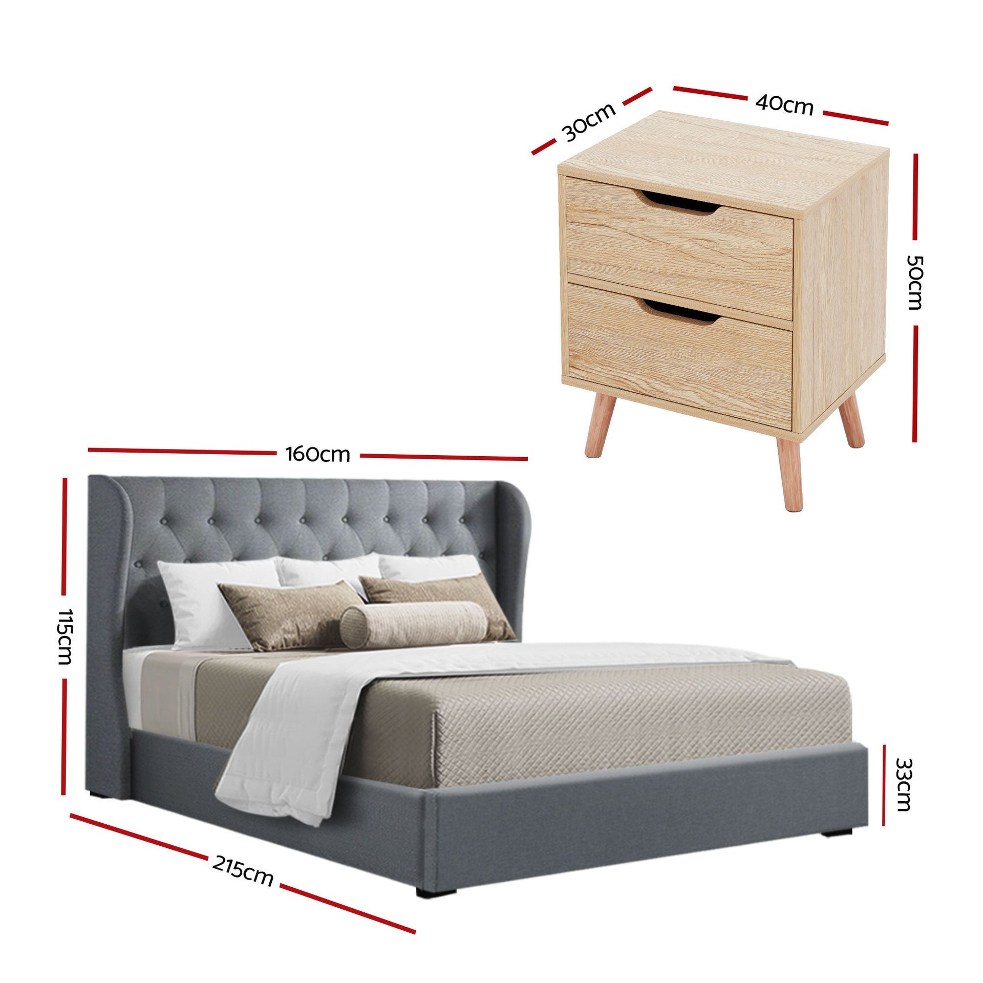 Artiss Gas Lift Queen Bed Frame and Bedside Table Set 2 Drawer Nightstand Bedroom Furniture Bundle Awezingly