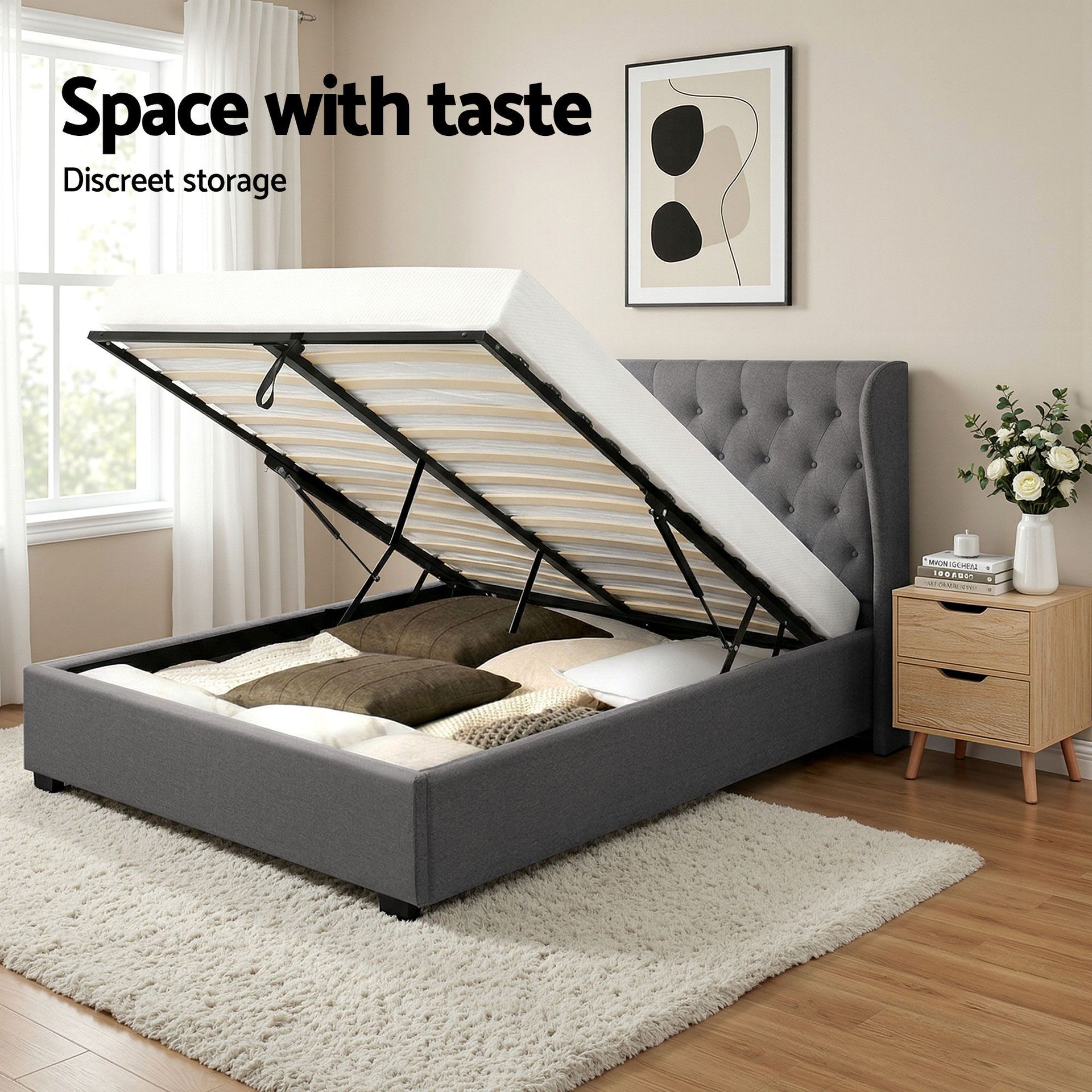 Artiss Gas Lift Queen Bed Frame and Bedside Table Set 2 Drawer Nightstand Bedroom Furniture Bundle Awezingly