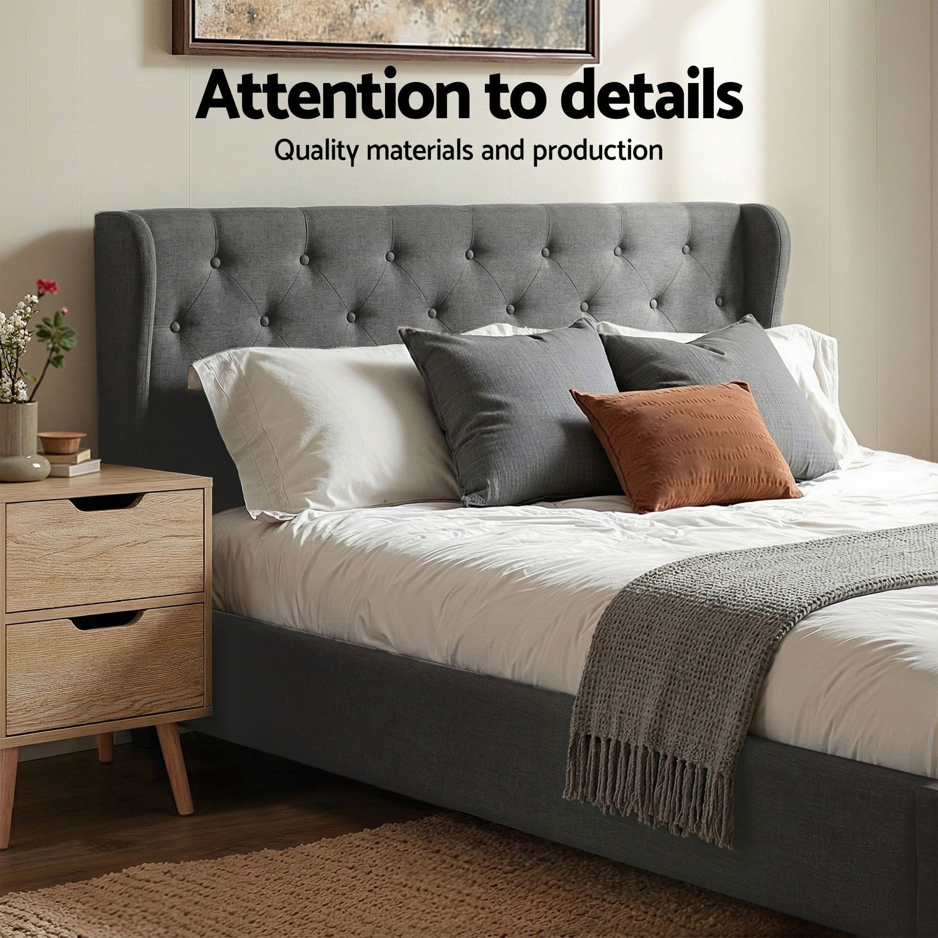 Artiss Gas Lift Queen Bed Frame and Bedside Table Set 2 Drawer Nightstand Bedroom Furniture Bundle Awezingly
