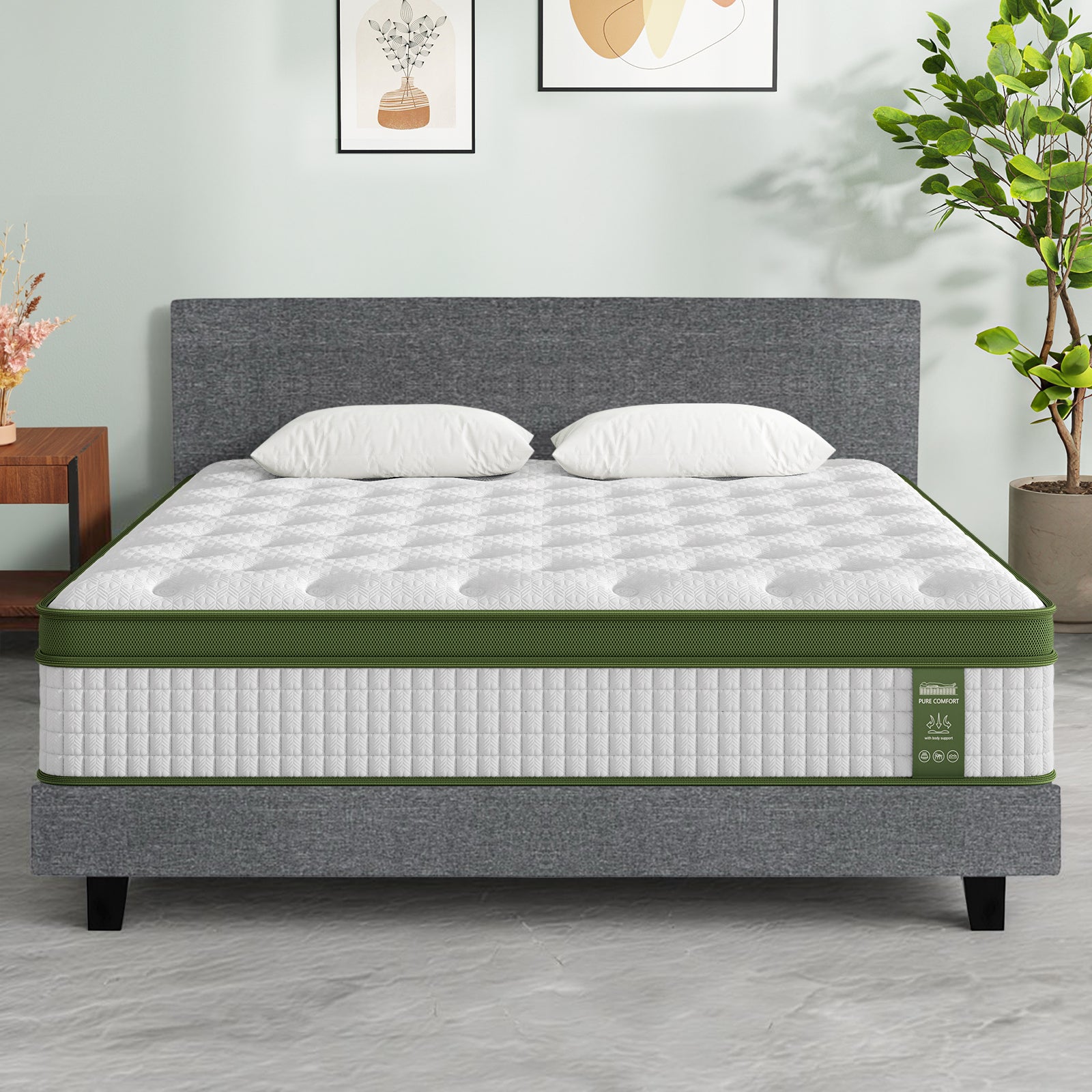 Artiss BedStory King Bed Frame Set With Hybrid Mattress Medium Firm Linen Grey Awezingly
