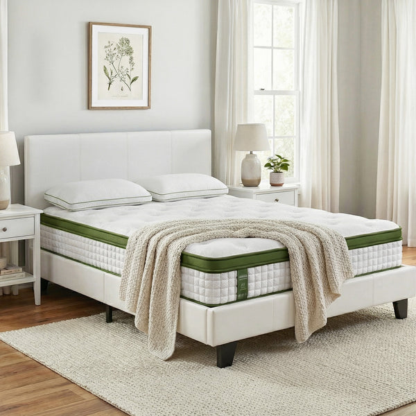 Artiss Double Bed Frame Platform White PVC Leather Hybrid Mattress Modern Awezingly