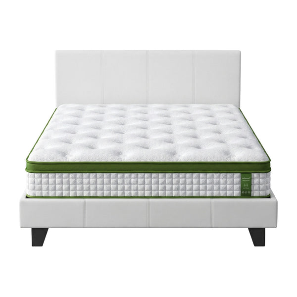 Artiss Double Bed Frame Platform White PVC Leather Hybrid Mattress Modern Awezingly