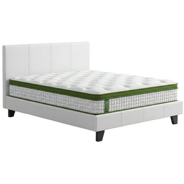 Artiss Double Bed Frame Platform White PVC Leather Hybrid Mattress Modern Awezingly