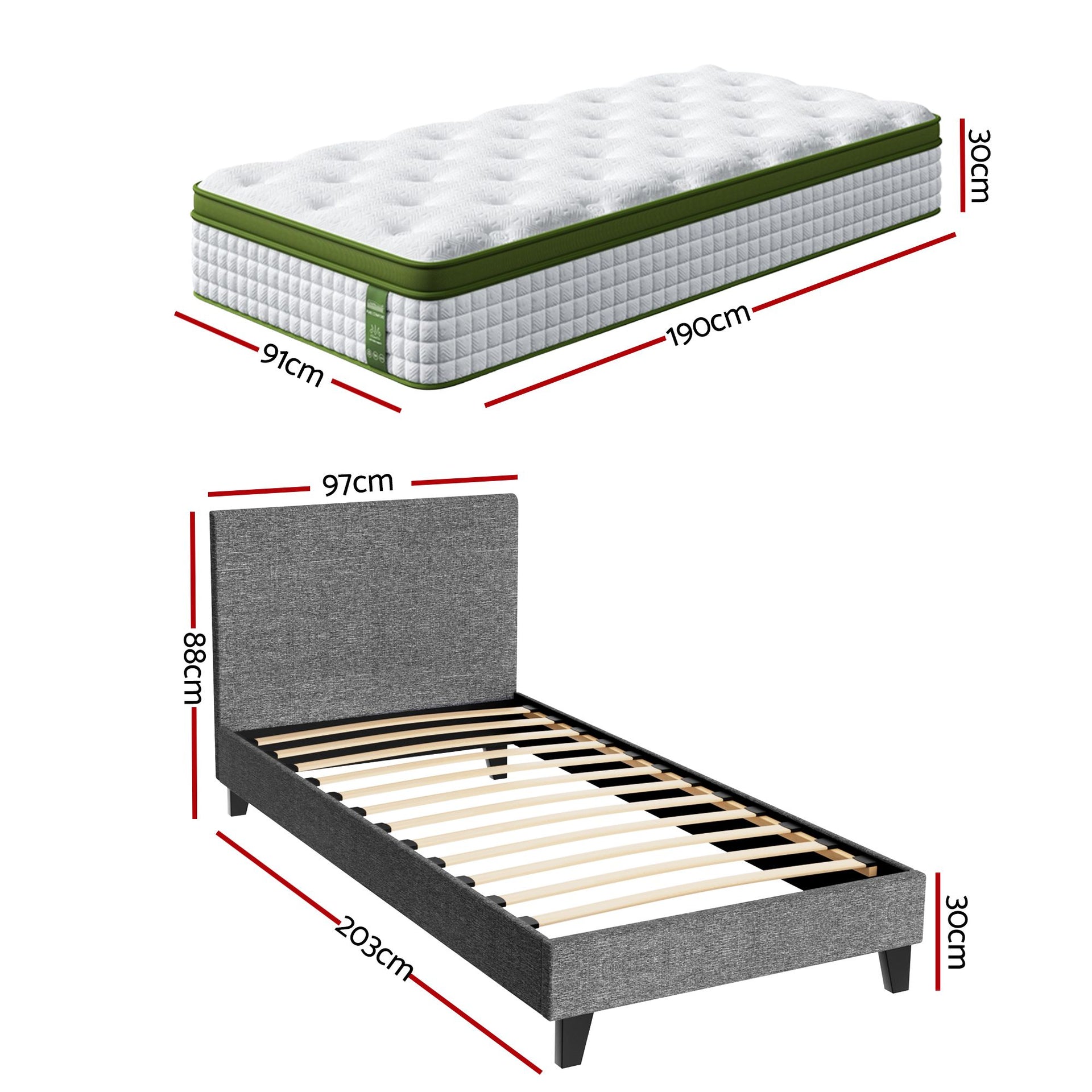 Artiss BedStory Single Bed Frame and Mattress Set, 30cm Hybrid Cooling Gel Mattress with Grey Upholstered Wooden Platform Base, Modern Bedroom Furniture Bundle Awezingly