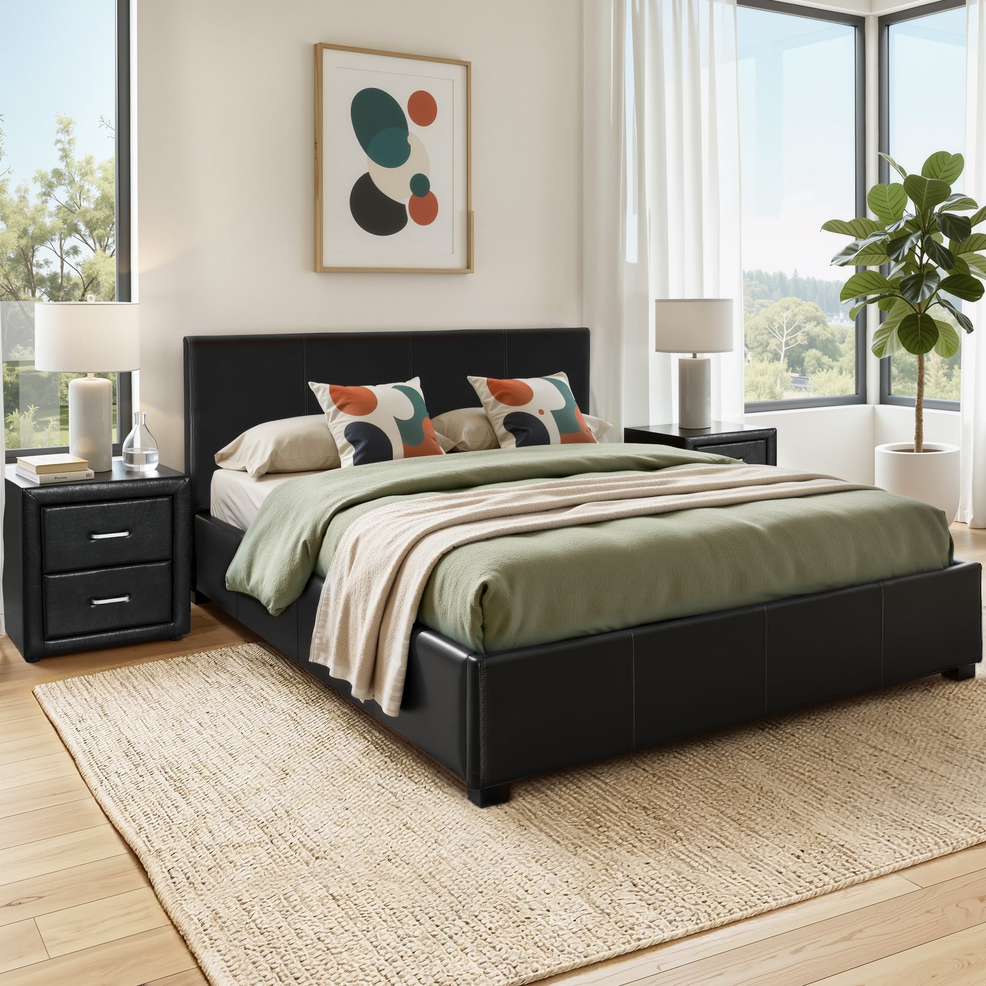 Artiss Gas Lift Queen Bed Frame and Bedside Table Set Leather Black Awezingly