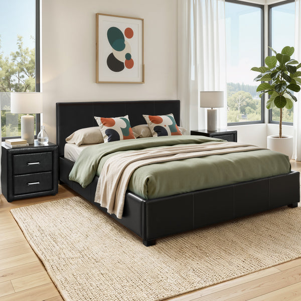 Artiss Gas Lift Queen Bed Frame and Bedside Table Set Leather Black Awezingly