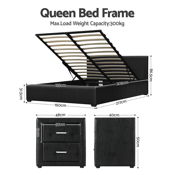 Artiss Gas Lift Queen Bed Frame and Bedside Table Set Leather Black Awezingly