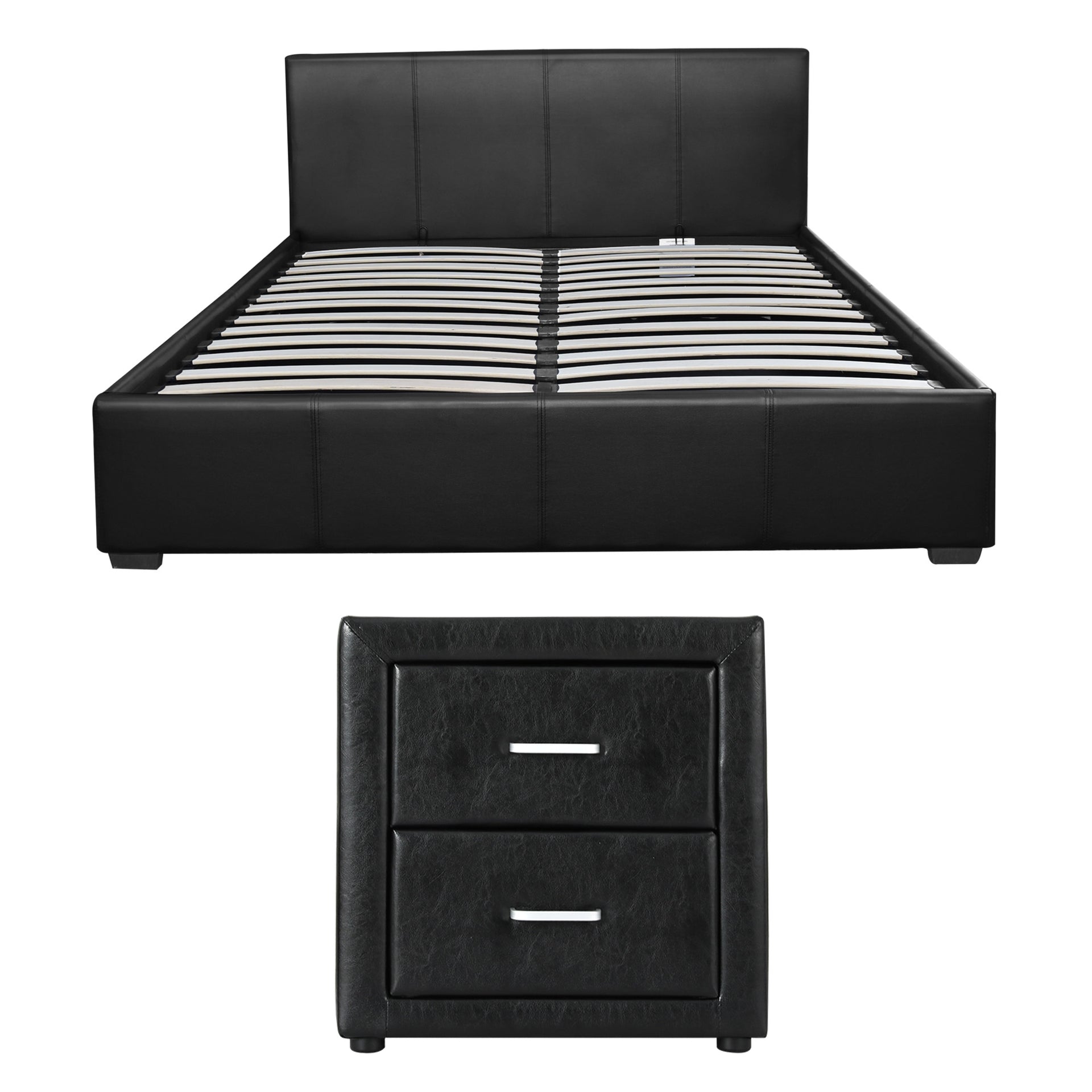 Artiss Gas Lift Queen Bed Frame and Bedside Table Set Leather Black Awezingly