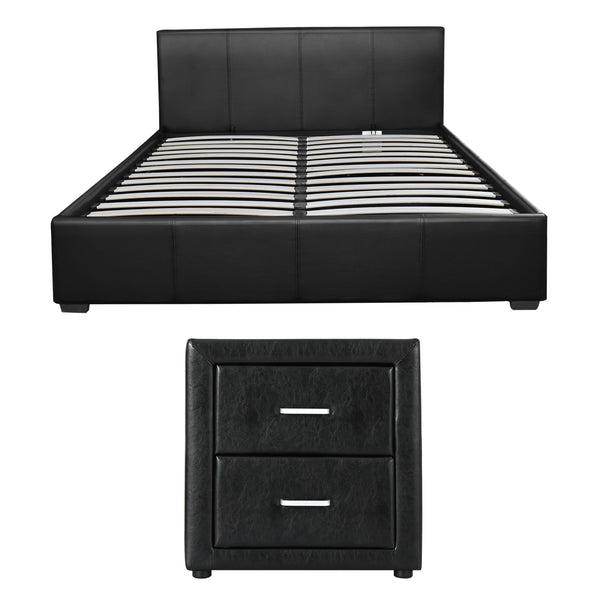 Artiss Gas Lift Queen Bed Frame and Bedside Table Set Leather Black Awezingly