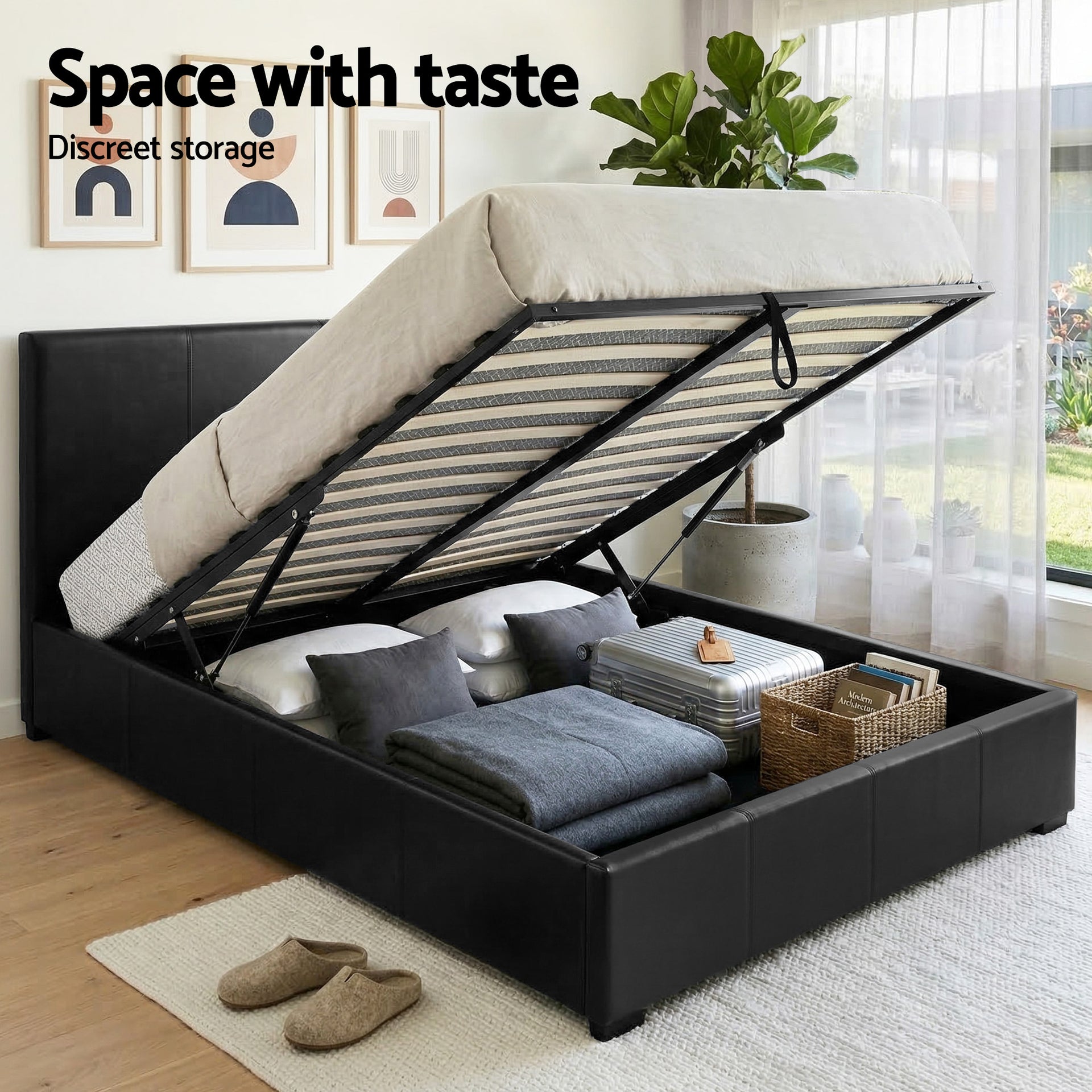Artiss Gas Lift Queen Bed Frame and Bedside Table Set Leather Black Awezingly