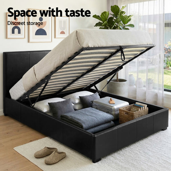 Artiss Gas Lift Queen Bed Frame and Bedside Table Set Leather Black Awezingly