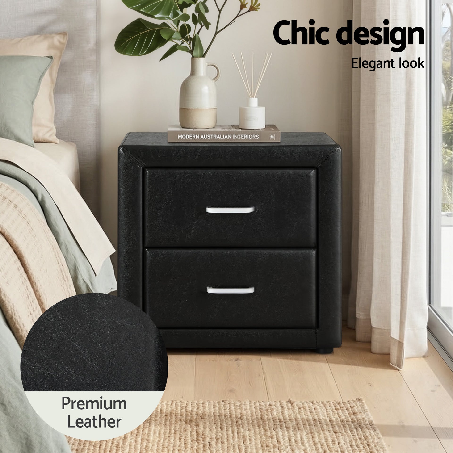 Artiss Gas Lift Queen Bed Frame and Bedside Table Set Leather Black Awezingly