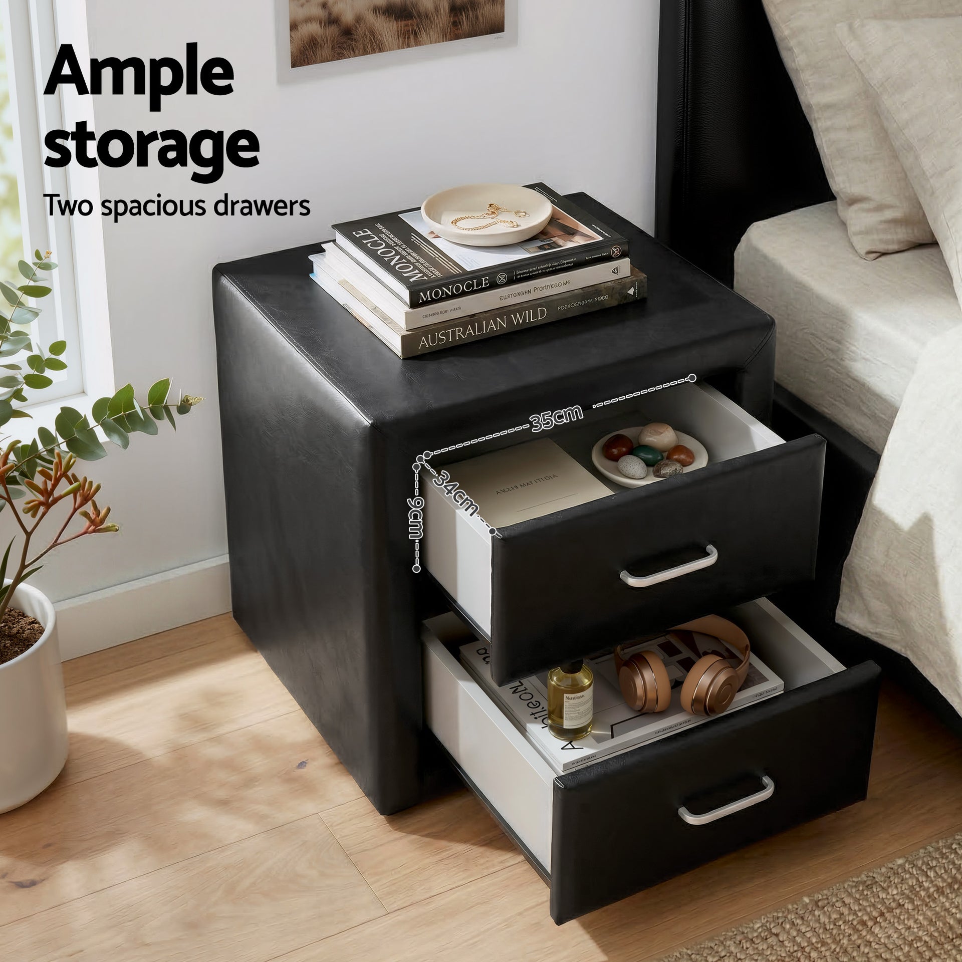 Artiss Gas Lift Queen Bed Frame and Bedside Table Set Leather Black Awezingly