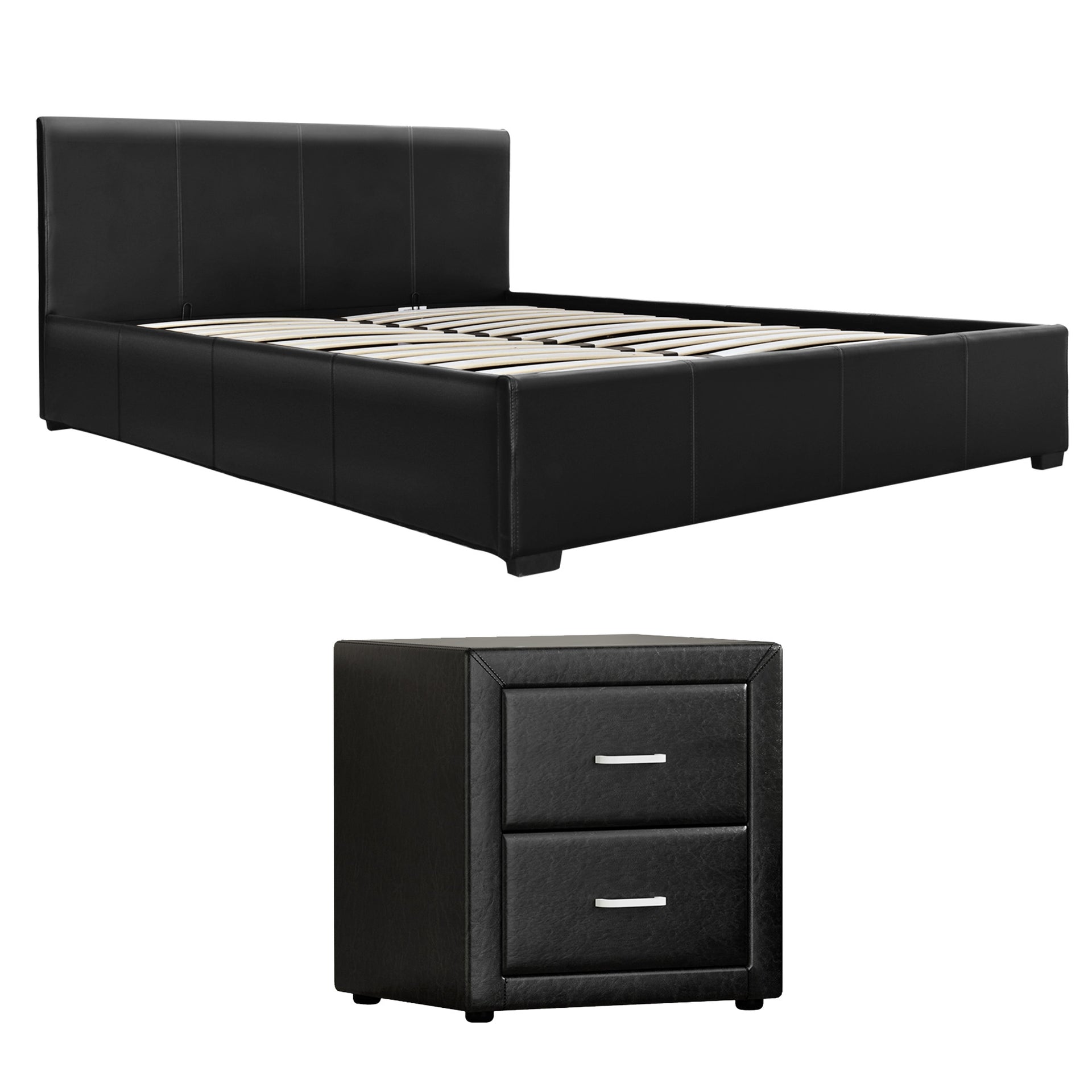 Artiss Gas Lift Queen Bed Frame and Bedside Table Set Leather Black Awezingly