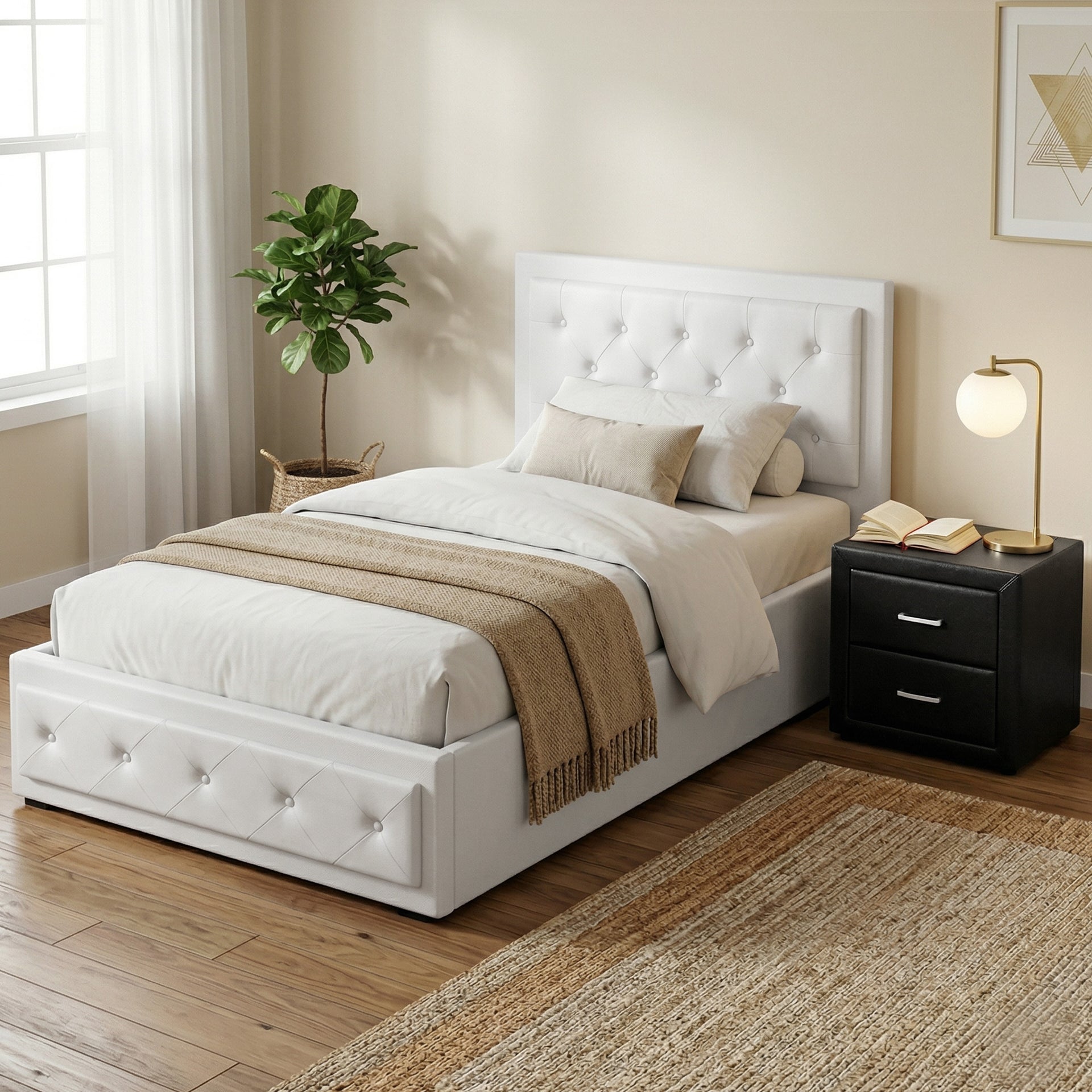 Artiss King Single Bed Frame Storage White Leather Gas Lift Bed Black Bedside Table Set Awezingly