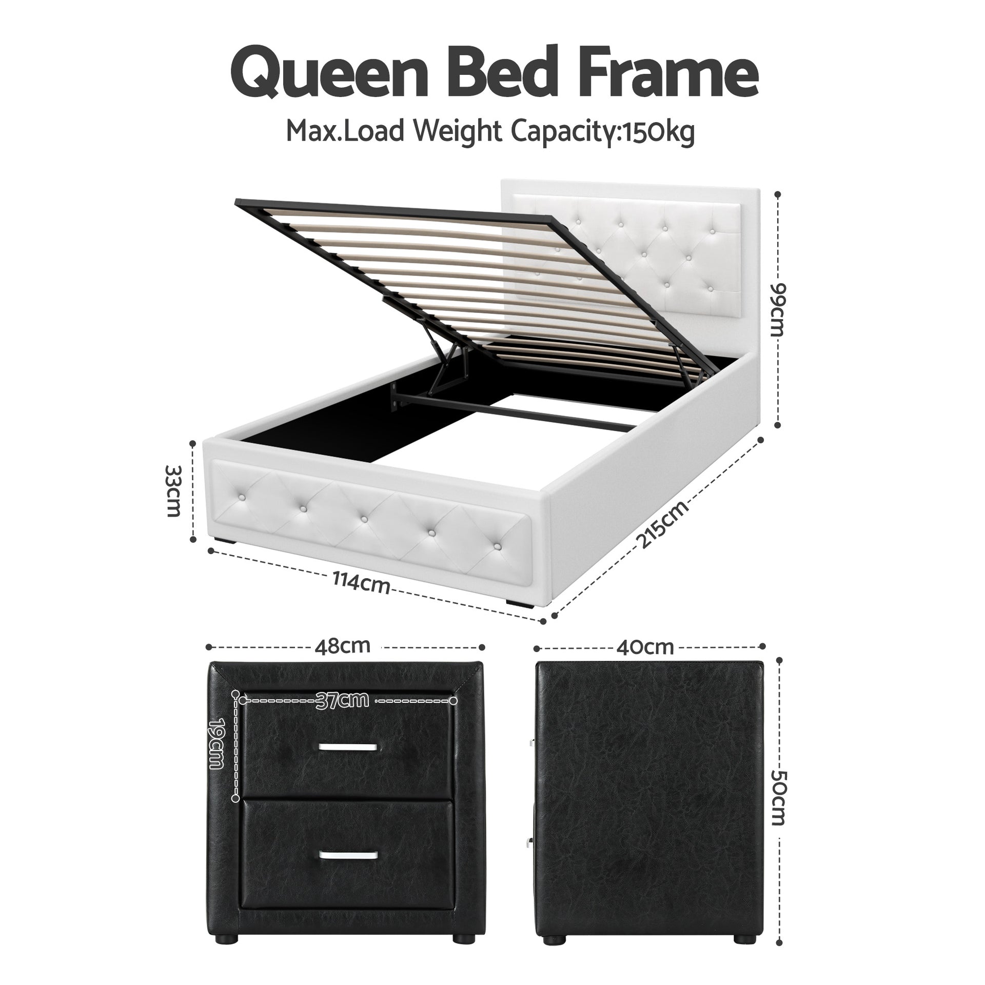 Artiss King Single Bed Frame Storage White Leather Gas Lift Bed Black Bedside Table Set Awezingly
