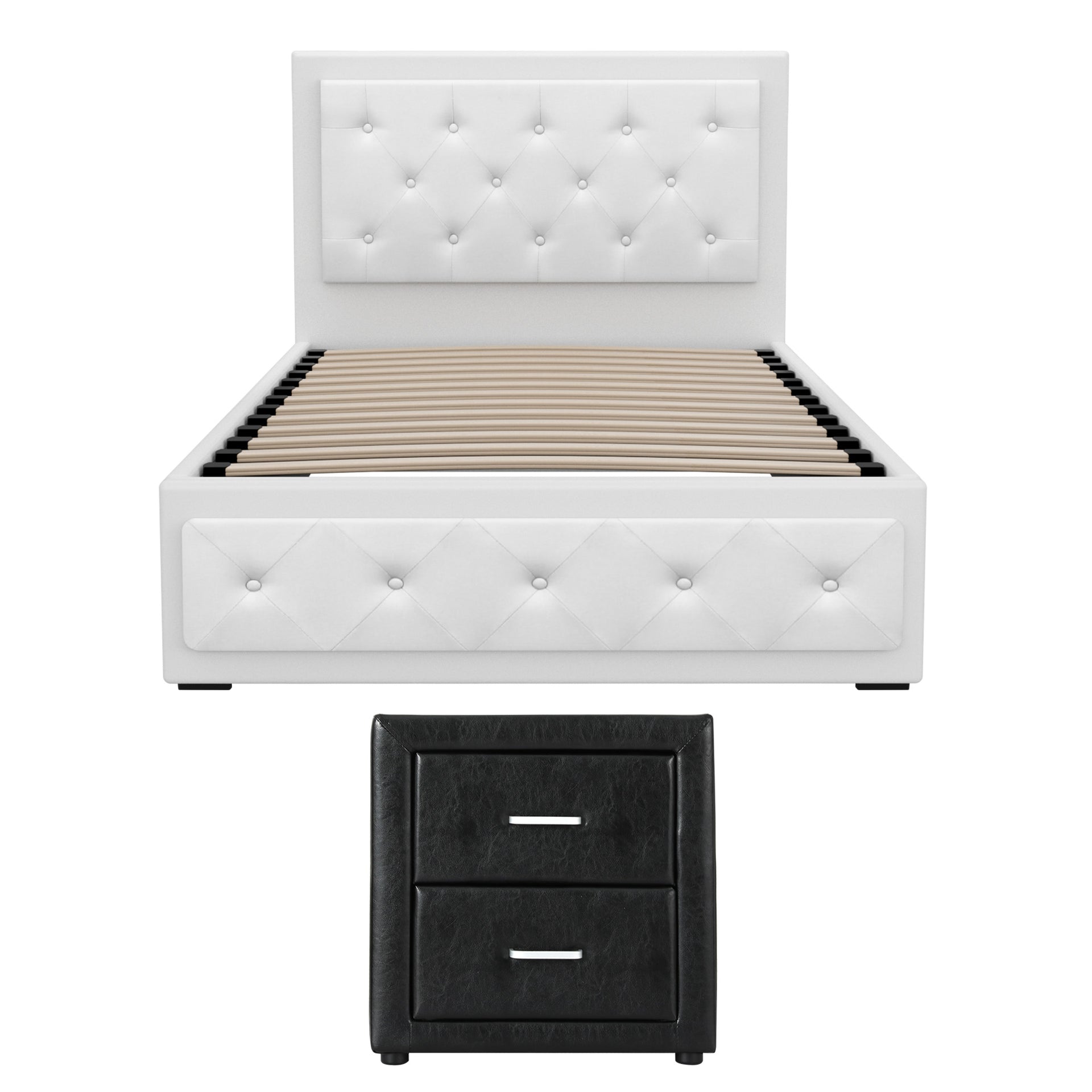 Artiss King Single Bed Frame Storage White Leather Gas Lift Bed Black Bedside Table Set Awezingly