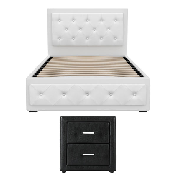 Artiss King Single Bed Frame Storage White Leather Gas Lift Bed Black Bedside Table Set Awezingly