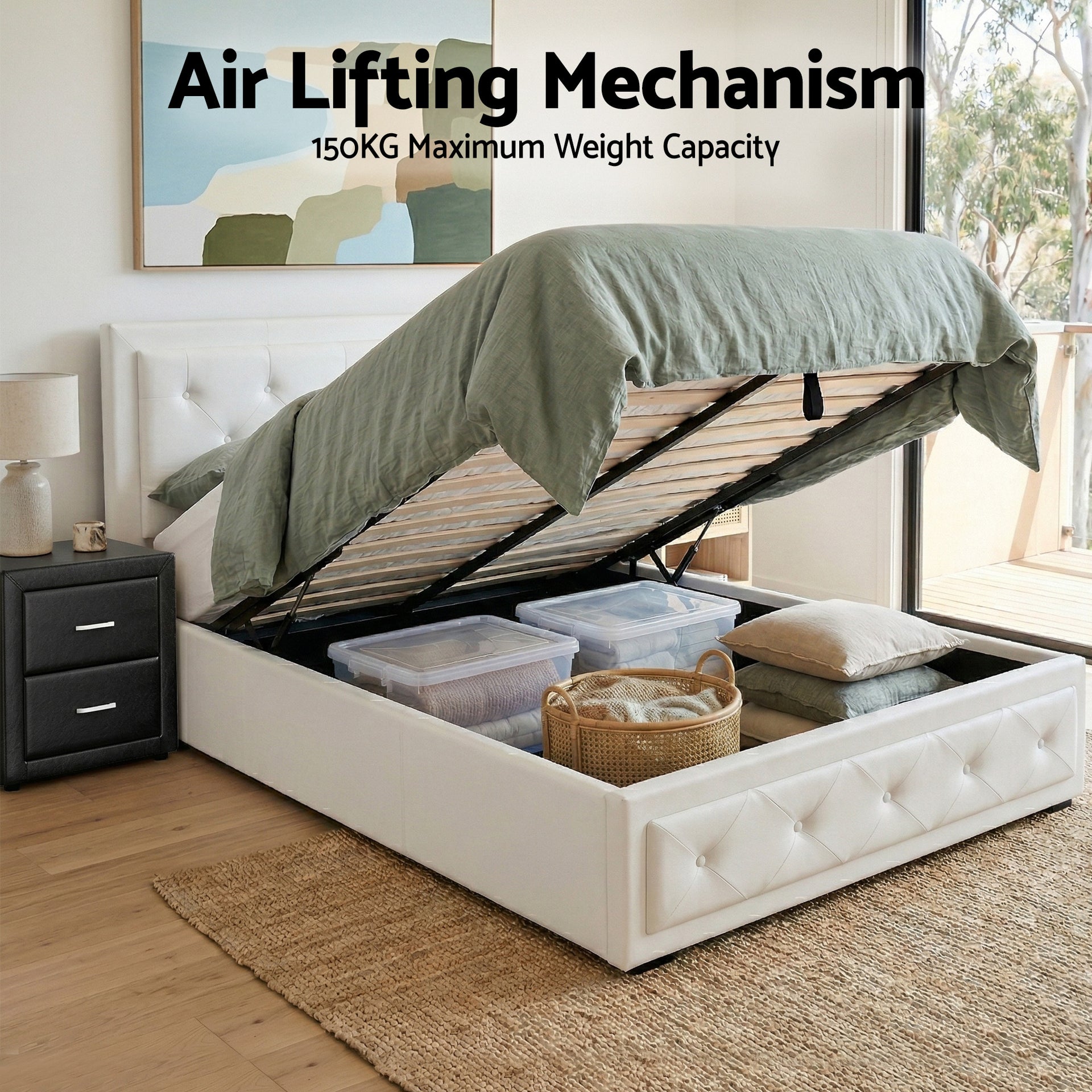 Artiss King Single Bed Frame Storage White Leather Gas Lift Bed Black Bedside Table Set Awezingly