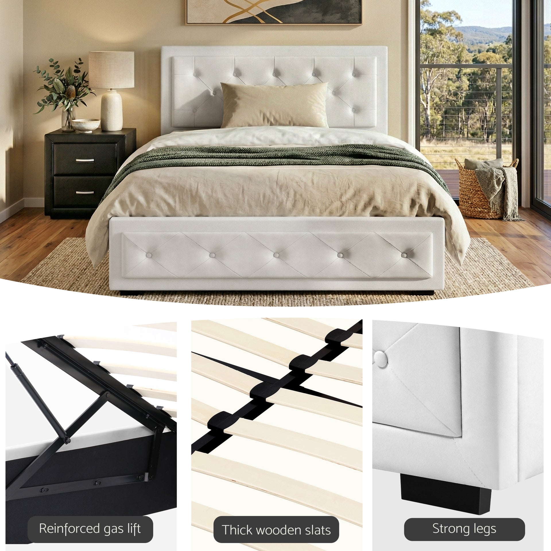 Artiss King Single Bed Frame Storage White Leather Gas Lift Bed Black Bedside Table Set Awezingly