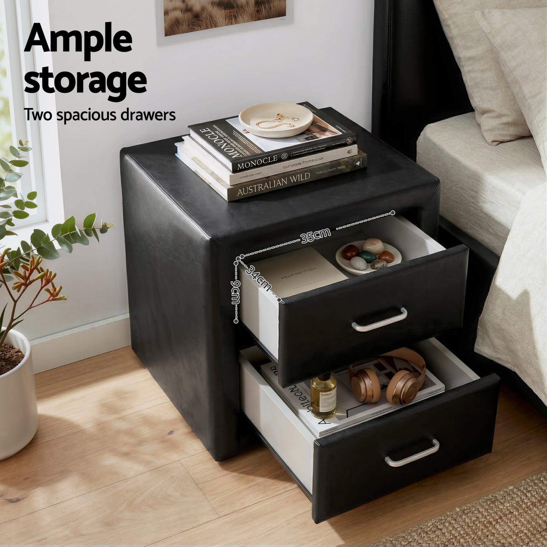 Artiss King Single Bed Frame Storage White Leather Gas Lift Bed Black Bedside Table Set Awezingly