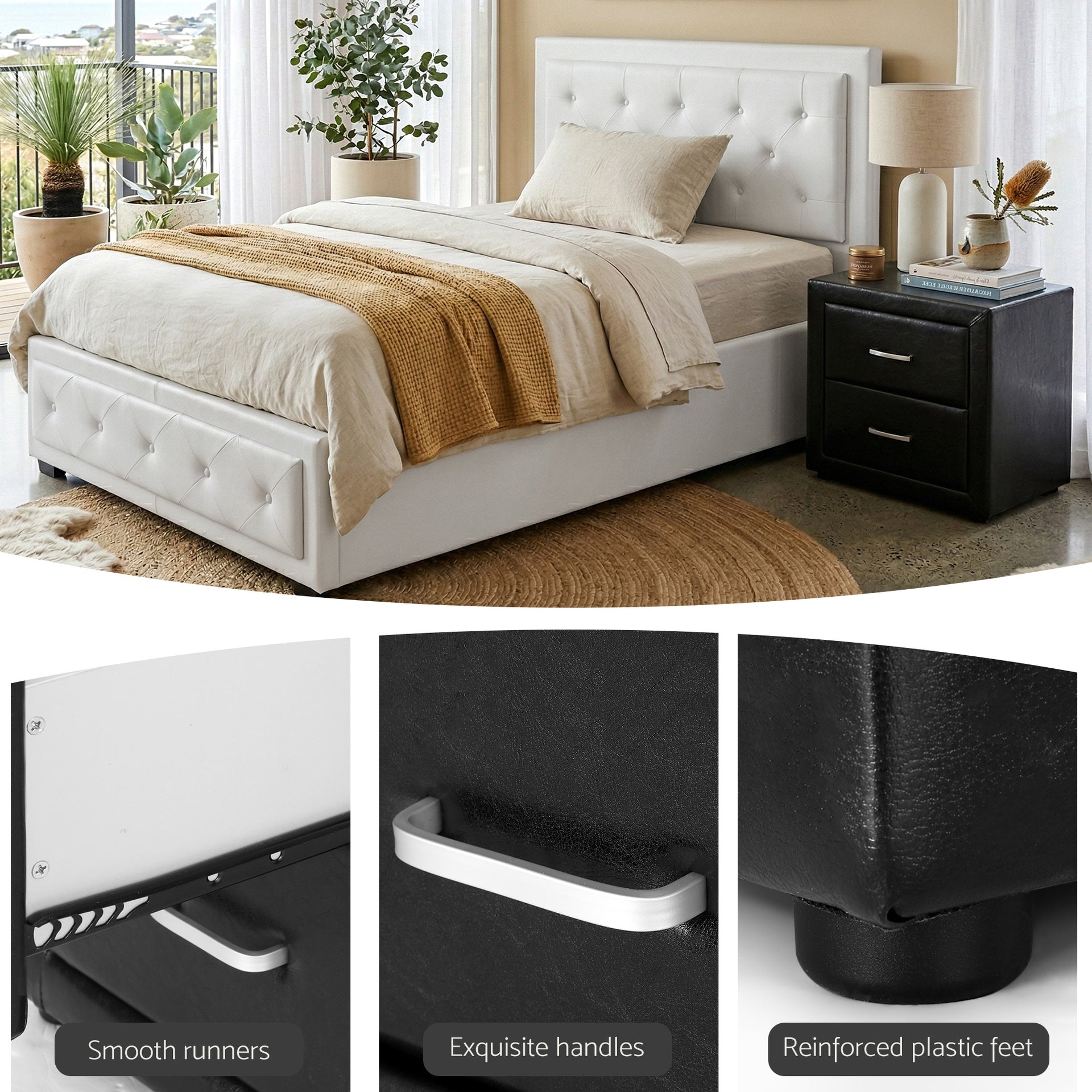 Artiss King Single Bed Frame Storage White Leather Gas Lift Bed Black Bedside Table Set Awezingly