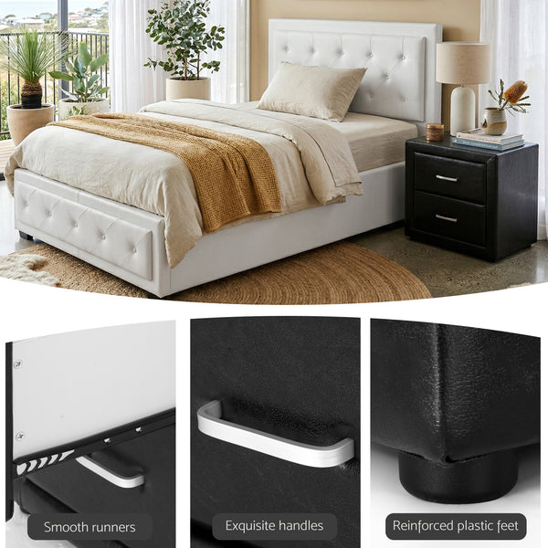 Artiss King Single Bed Frame Storage White Leather Gas Lift Bed Black Bedside Table Set Awezingly